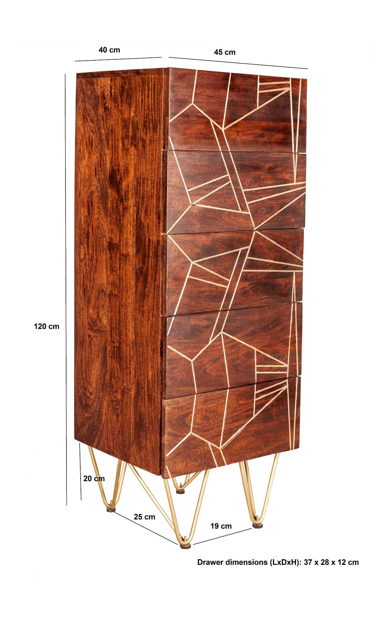 Dark Gold Tall Chest. Solid Mango Wood