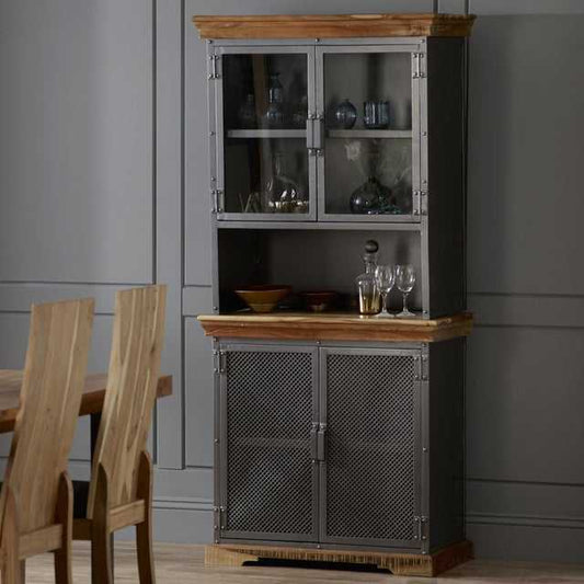 Industrial Solid Wood Sideboard with Optional Hutch – Sandblasted White & Gun Metal Finish