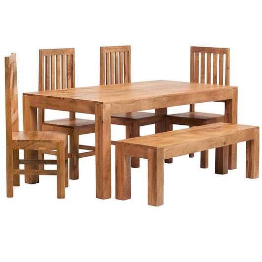 Toko Light Mango 6 FT Dining Set with Bench & 4 Slatted Chairs. Solid Mango Wood