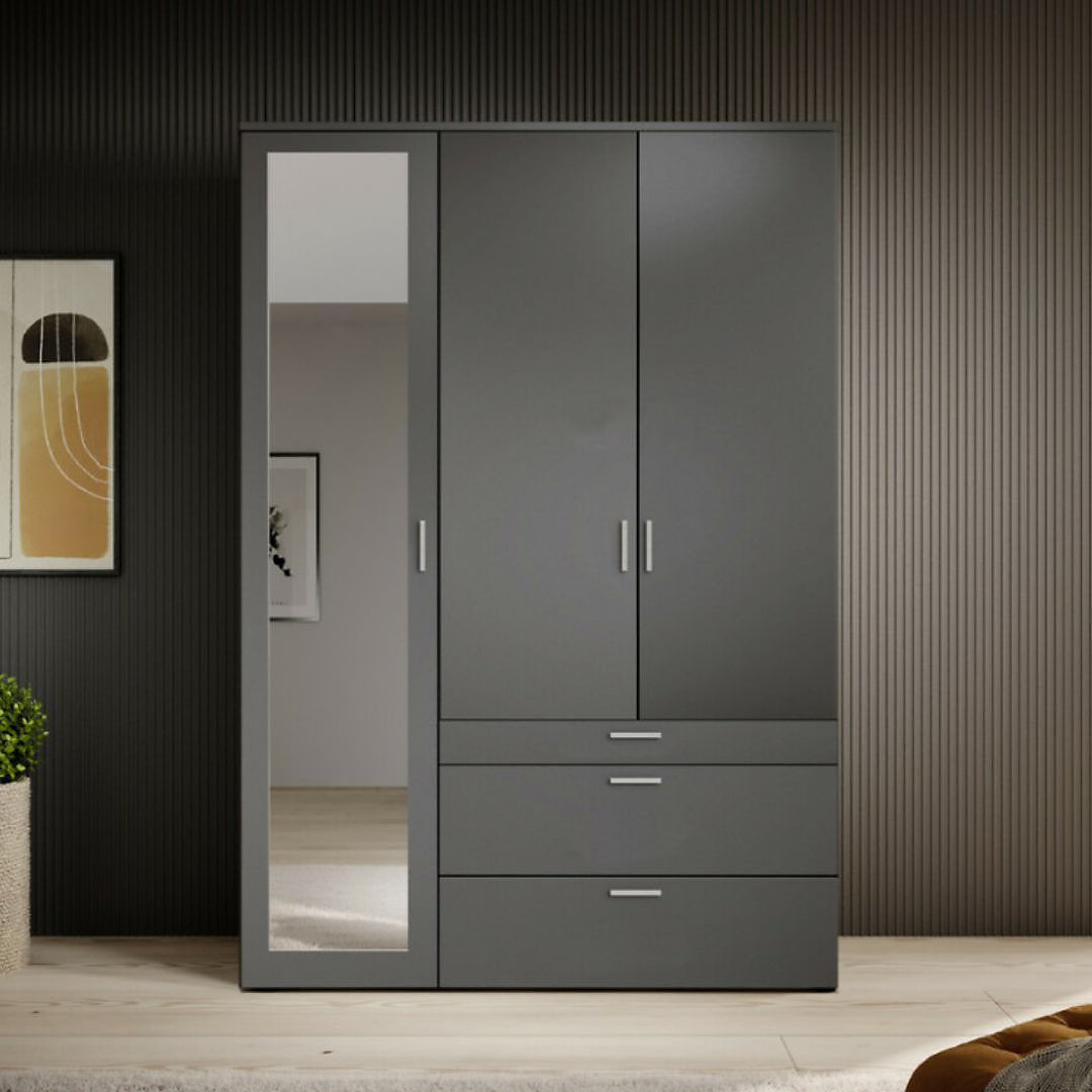 Vesala 3 Hinged Door Wardrobe with Mirror White Matt Graphite Matt