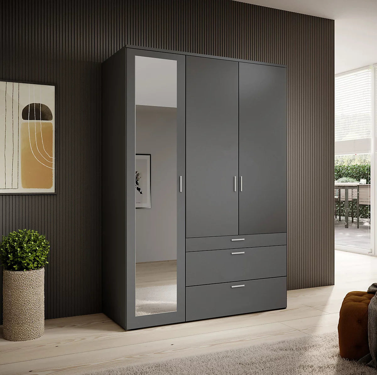 Vesala 3 Hinged Door Wardrobe with Mirror White Matt Graphite Matt