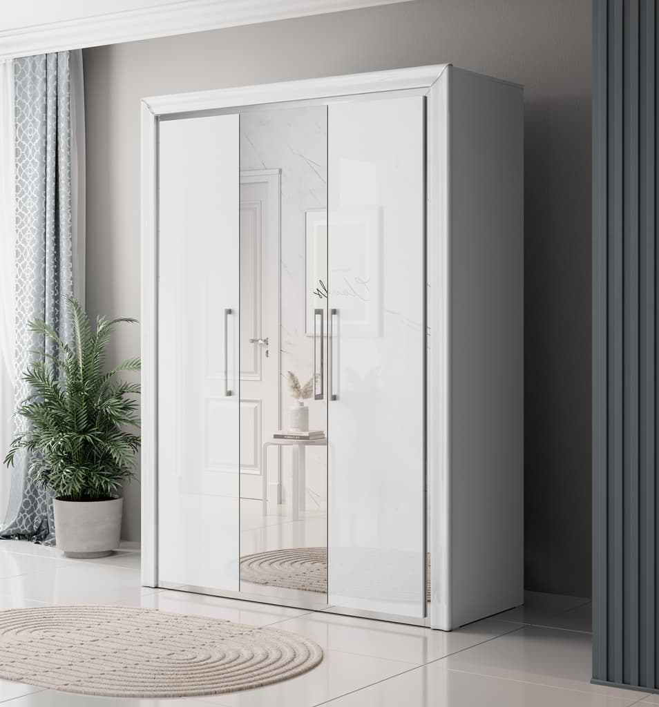 Arno Hinged Door Wardrobe 155cm White & Silver Trimming Black & Gold Trimming