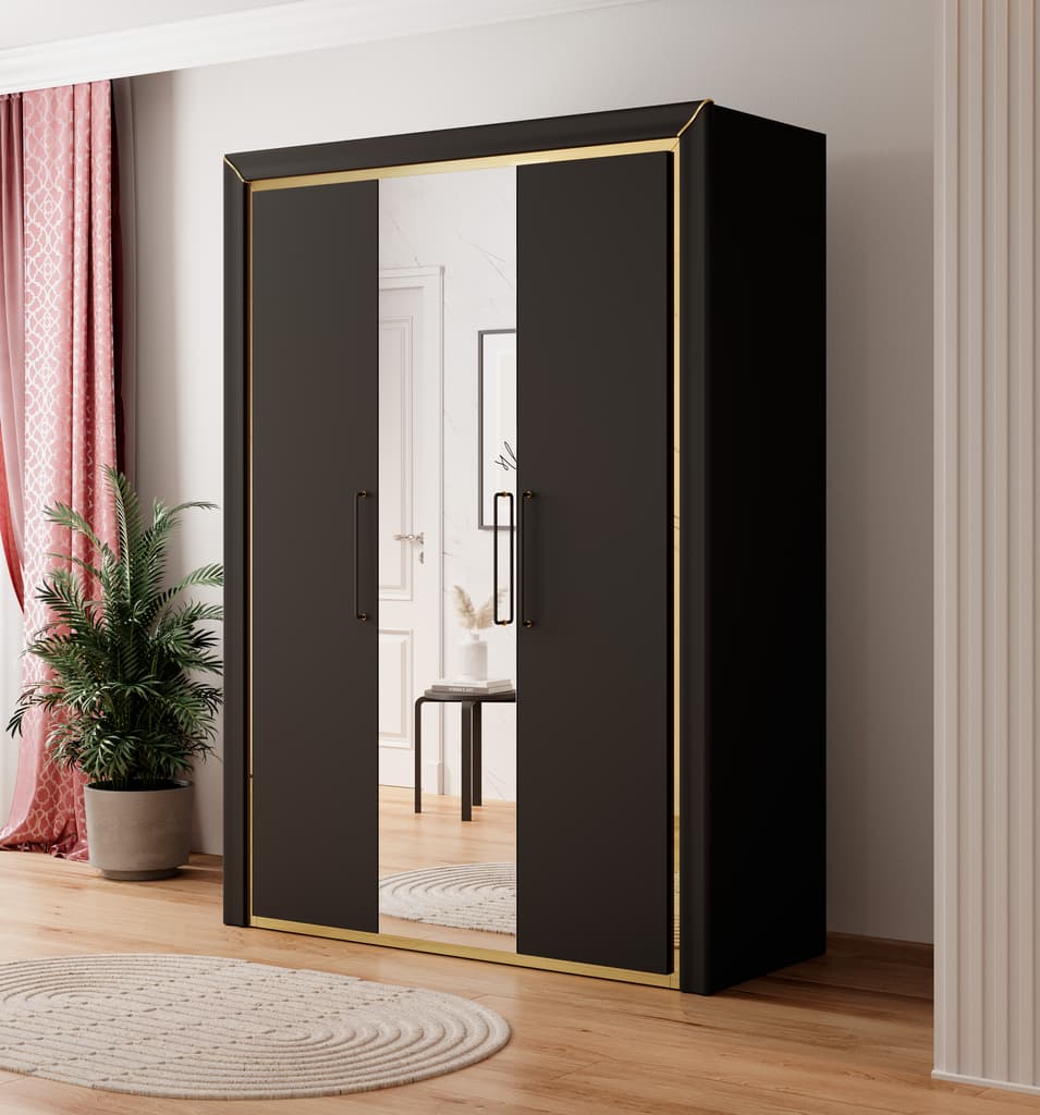 Arno Hinged Door Wardrobe 155cm White & Silver Trimming Black & Gold Trimming
