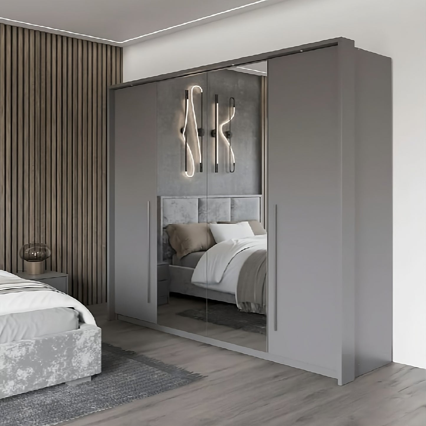Brema 256cm Swing Bi-folding Door Wardrobe in White or Grey Matt