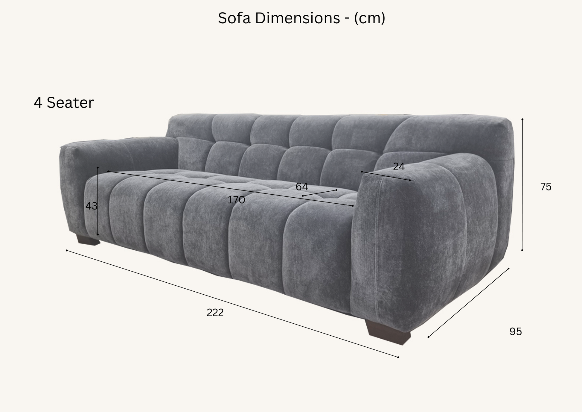 Thee Aluxo Harlem Grey Steel Velvet 4 seater sofa dimensions in bubble sofa style.