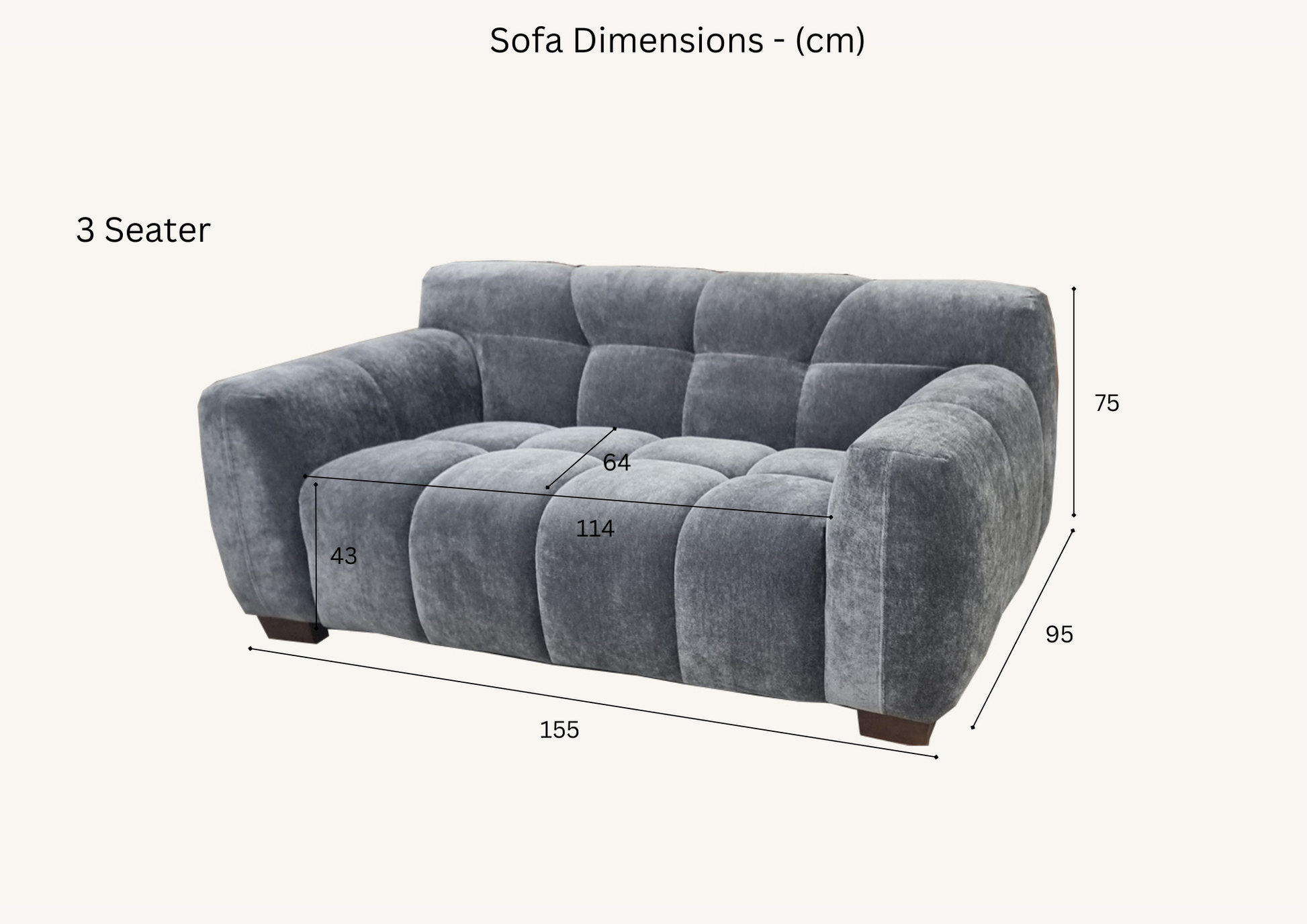 Thee Aluxo Harlem Grey Steel Velvet 3 seater sofa dimensions in bubble sofa style.