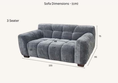 Thee Aluxo Harlem Grey Steel Velvet 3 seater sofa dimensions in bubble sofa style.
