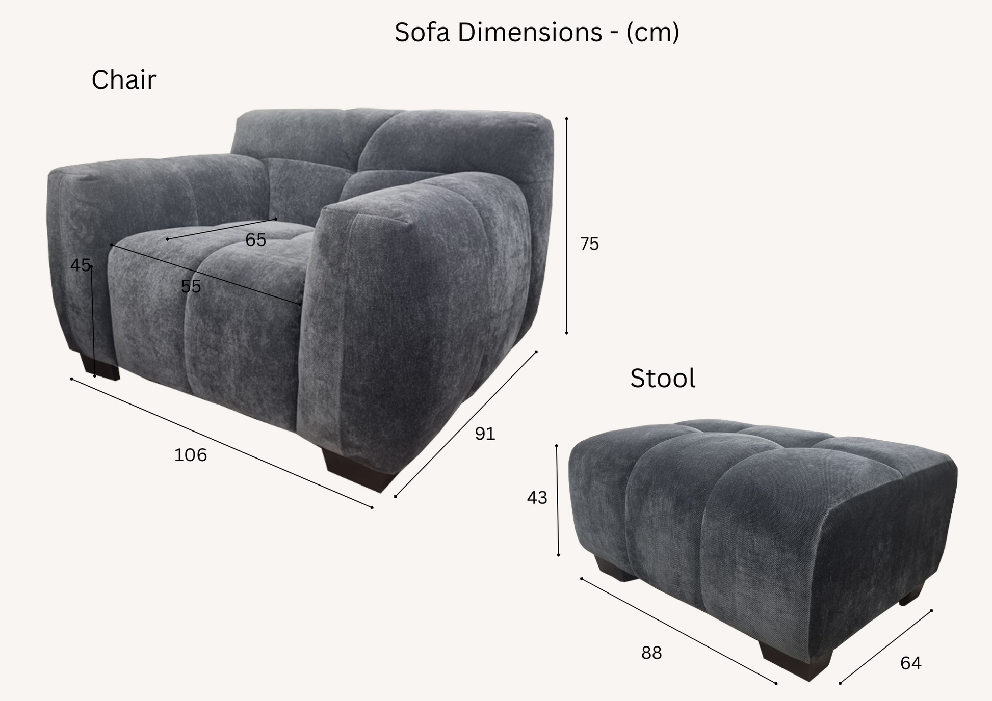 Thee Aluxo Harlem Grey Steel Velvet arm chair and footstool dimensions, in bubble sofa style.