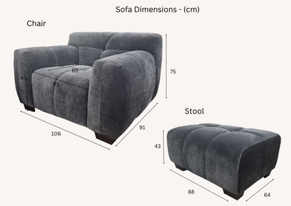 Thee Aluxo Harlem Grey Steel Velvet arm chair and footstool dimensions, in bubble sofa style.