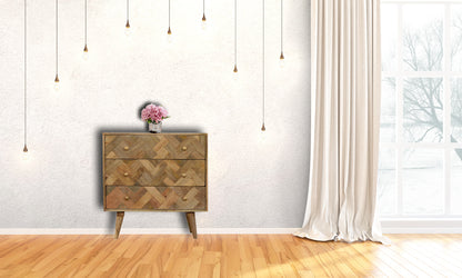 3 Drawer Zig-Zag Patterned Patchwork Chest 100% Solid Mango Wood