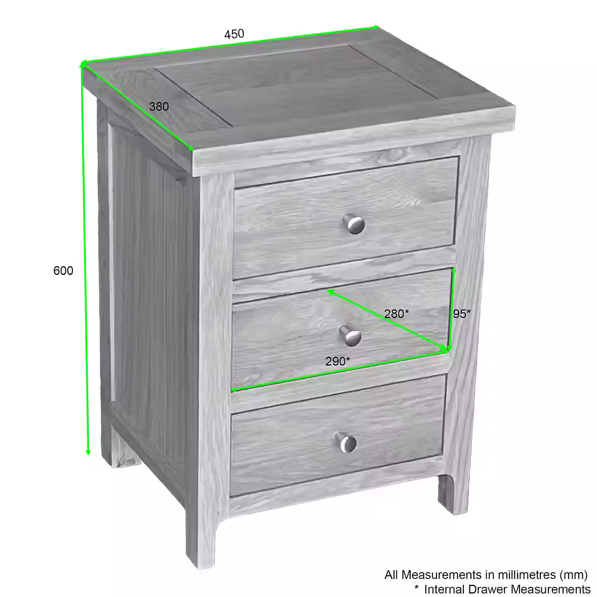 Como 3 Drawer Bedside Cabinet – Solid American Oak & Oak Veneer. 3 Drawers