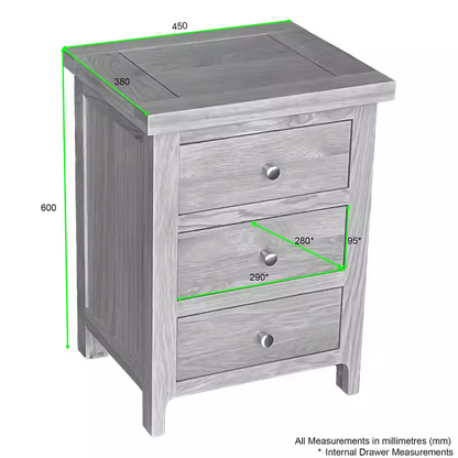 Como 3 Drawer Bedside Cabinet – Solid American Oak & Oak Veneer. 3 Drawers