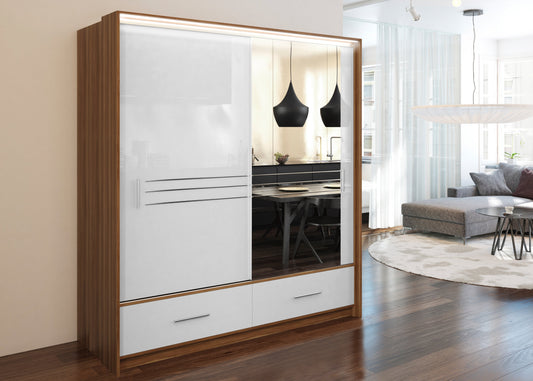Amsterdam 208cm Sliding Door Wardrobe - Walnut Frame, White High Gloss & Mirror Finish