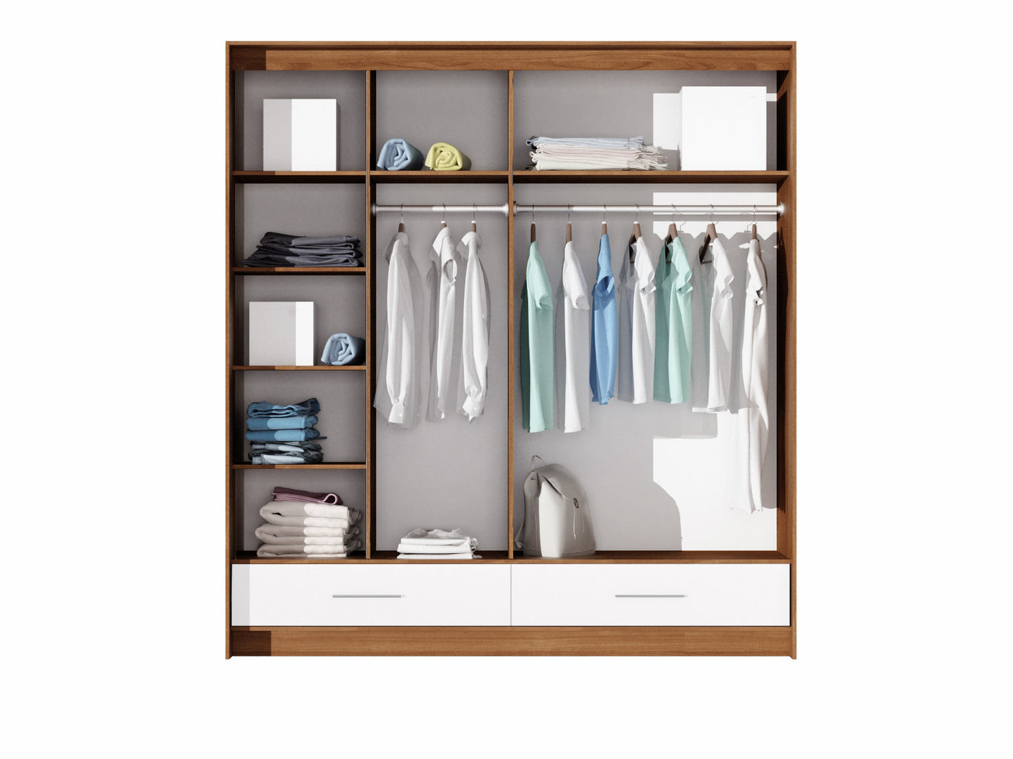 Amsterdam 208cm Sliding Door Wardrobe - Walnut Frame, White High Gloss & Mirror Finish