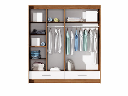 Amsterdam 208cm Sliding Door Wardrobe - Walnut Frame, White High Gloss & Mirror Finish
