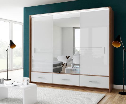 Amsterdam 255cm Wardrobe - Walnut & White Gloss with Mirror and Ambient LED Lighting