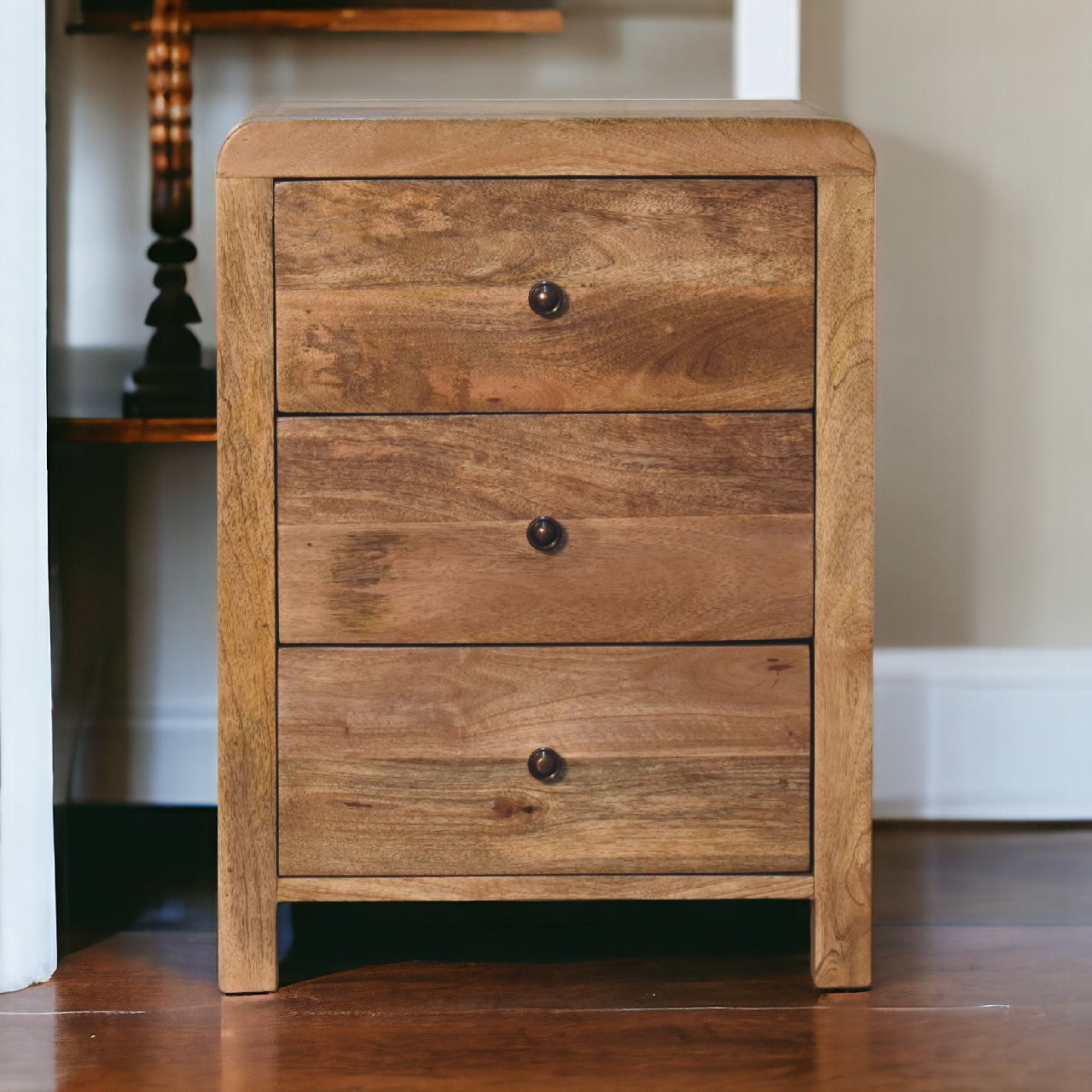 Aspen Oak-ish 3 Drawer Bedside. 100% Solid Mango Wood