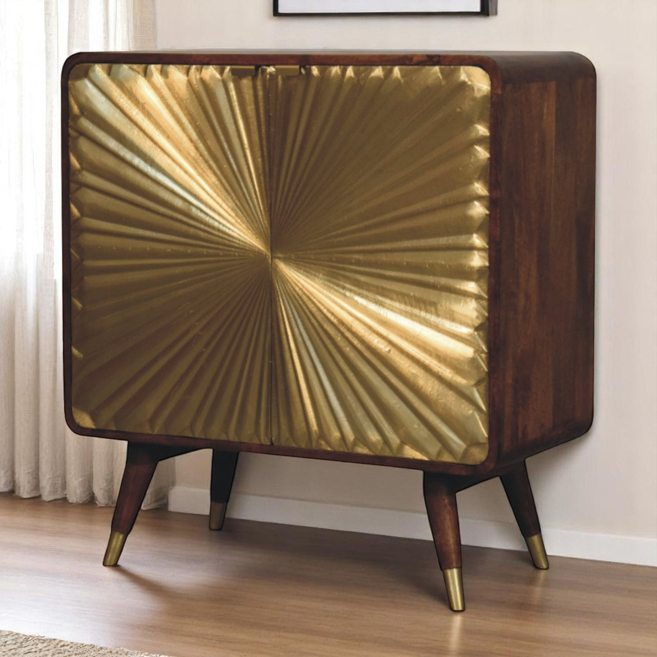 Avora Brass Embossed  Chestnut Cabinet. 100% Solid Mango Wood