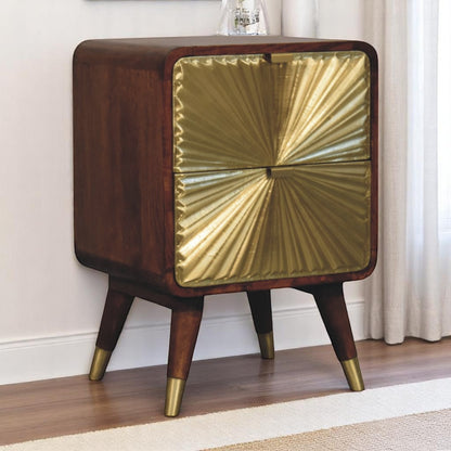 Avora Brass Embossed Chestnut Nightstand. 100% Solid Mango Wood