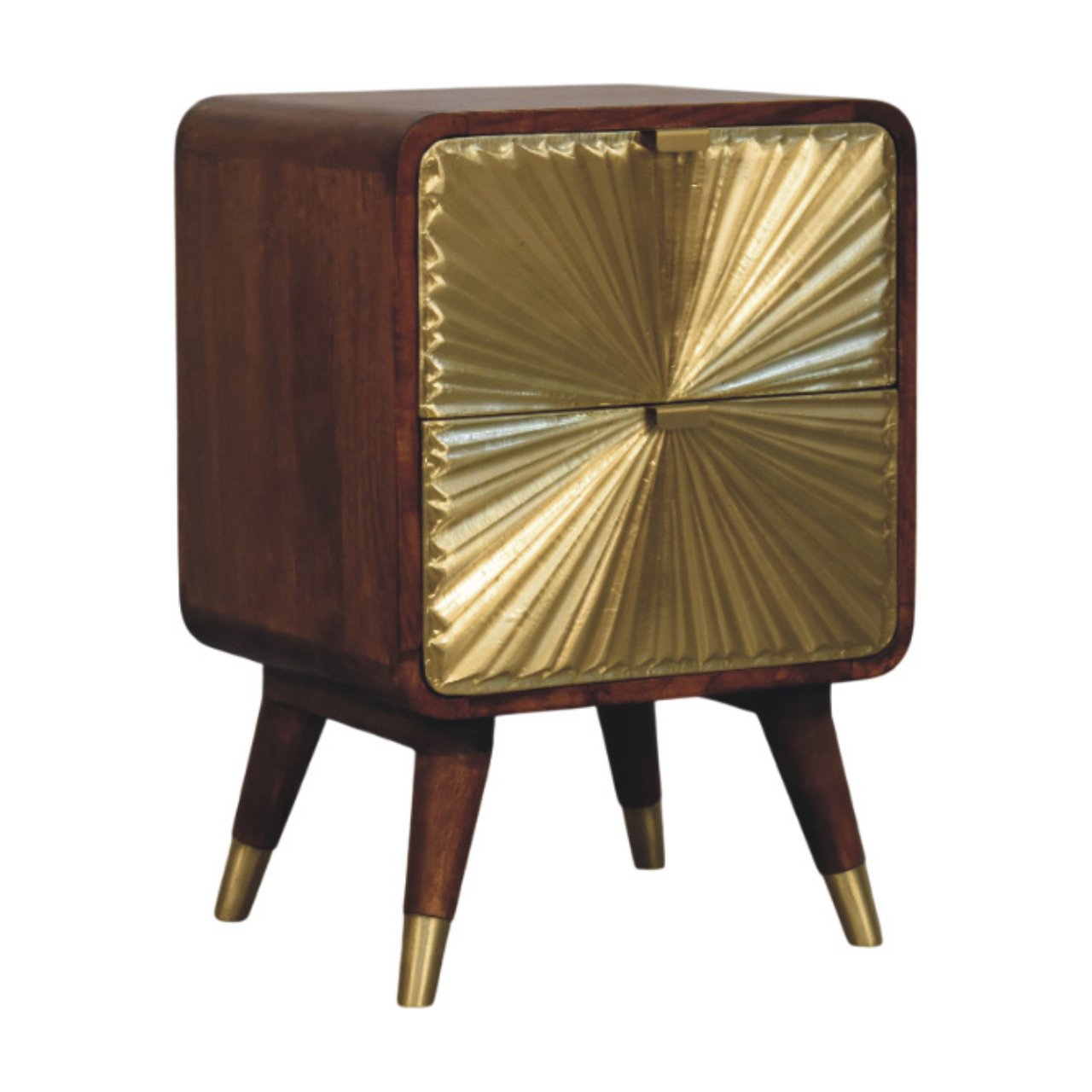 Avora Brass Embossed Chestnut Nightstand. 100% Solid Mango Wood