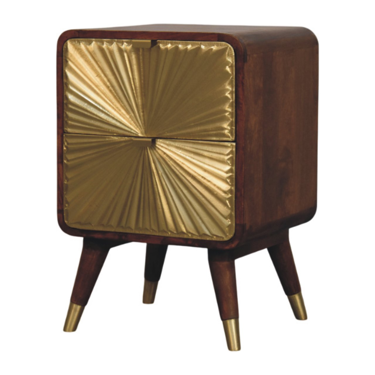 Avora Brass Embossed Chestnut Nightstand. 100% Solid Mango Wood