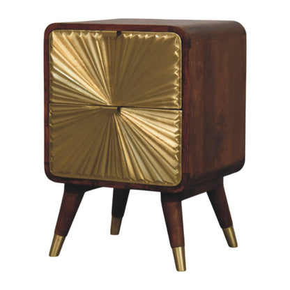 Avora Brass Embossed Chestnut Nightstand. 100% Solid Mango Wood
