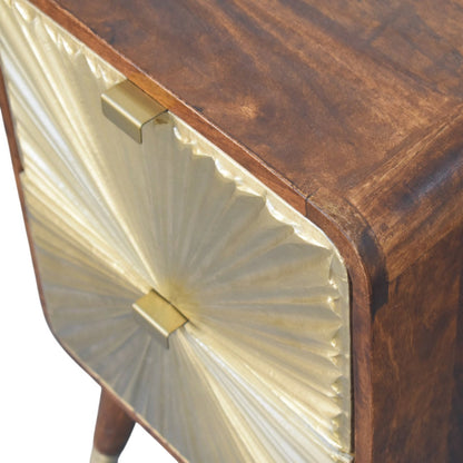 Avora Brass Embossed Chestnut Nightstand. 100% Solid Mango Wood