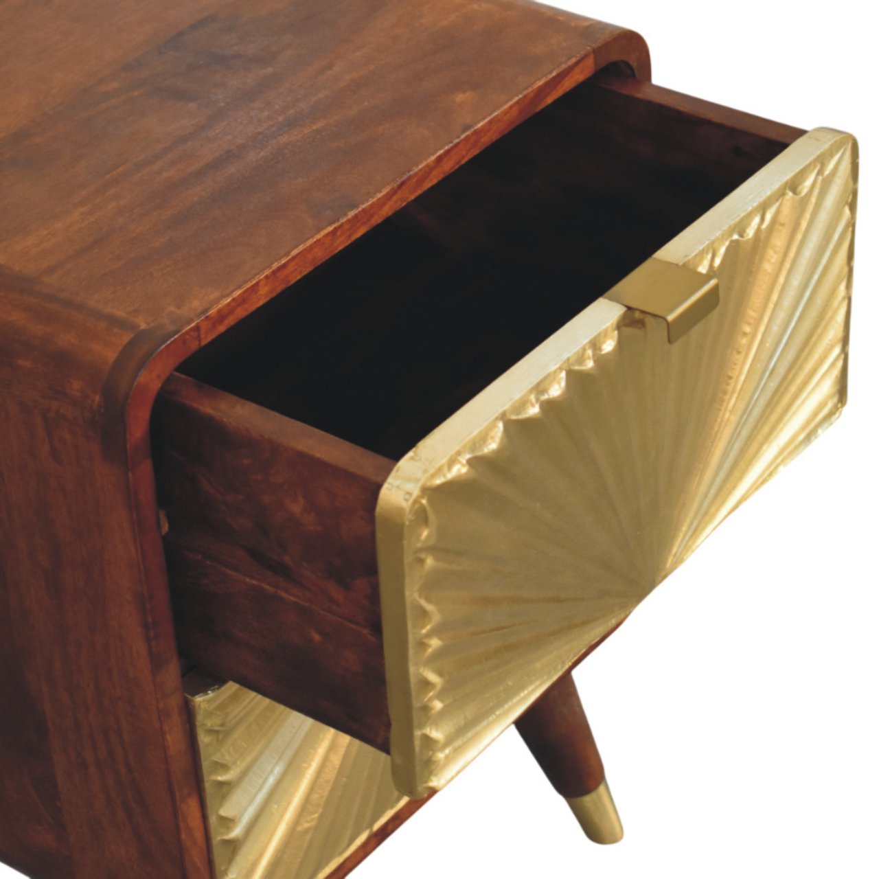 Avora Brass Embossed Chestnut Nightstand. 100% Solid Mango Wood