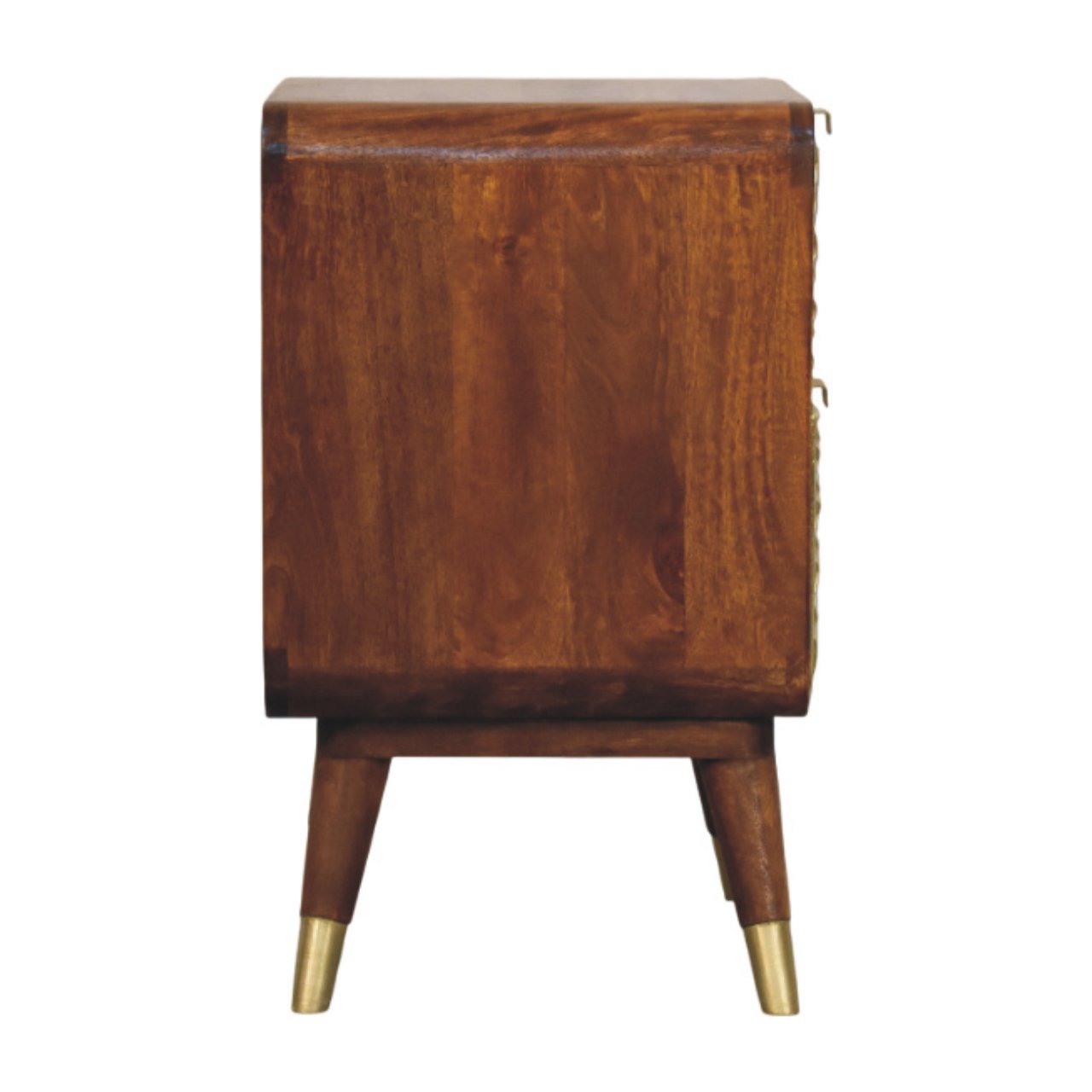 Avora Brass Embossed Chestnut Nightstand. 100% Solid Mango Wood