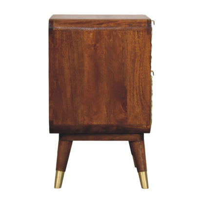 Avora Brass Embossed Chestnut Nightstand. 100% Solid Mango Wood