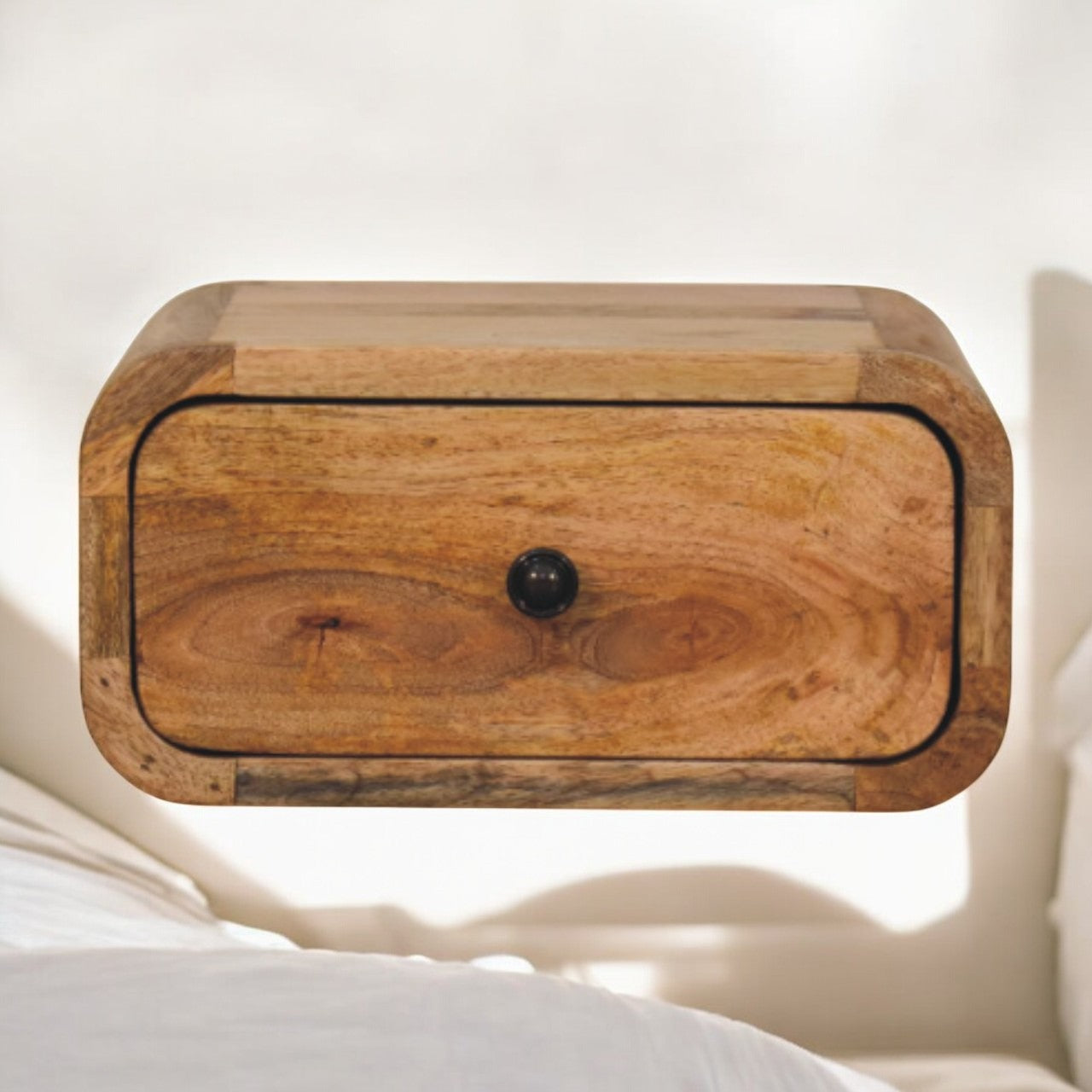 Avora Mini Wall-Mounted Oak-ish Nightstand. 100% Solid Mango Wood