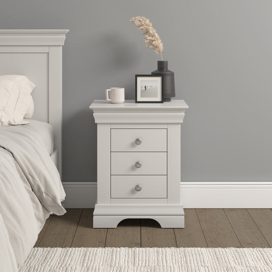 Bordeaux 3 Drawer Bedside Table Pebble Grey or Ivory
