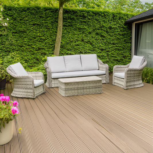 Grey Rattan Outdoor Set - 3 Seater Settee, 2 Chairs, Coffee Table
