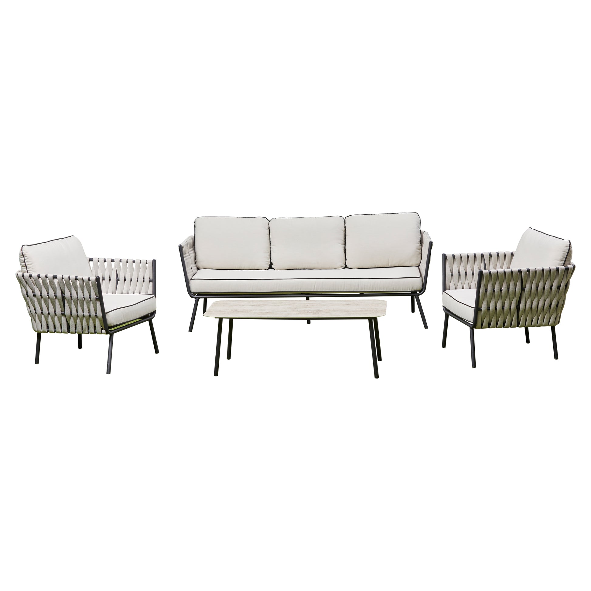 Grey Aluminium and Rope 4 Piece Outdoor Set - 3 Seat Sofa, 2 Chairs, Coffee Table