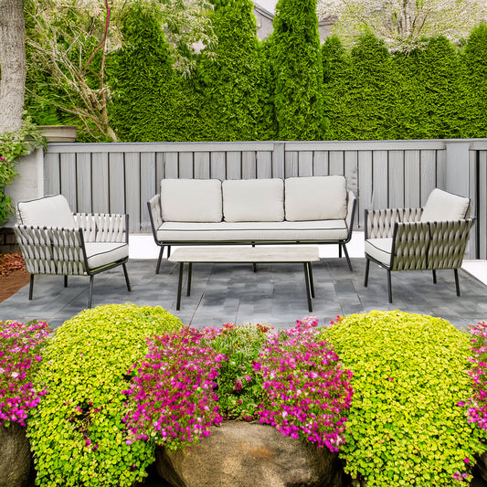 Grey Aluminium and Rope 4 Piece Outdoor Set - 3 Seat Sofa, 2 Chairs, Coffee Table