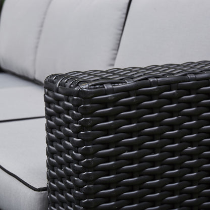 Black Rattan Firepit Corner Sofa Dining Set – Outdoor Garden Furniture with Glass Table and Cushions