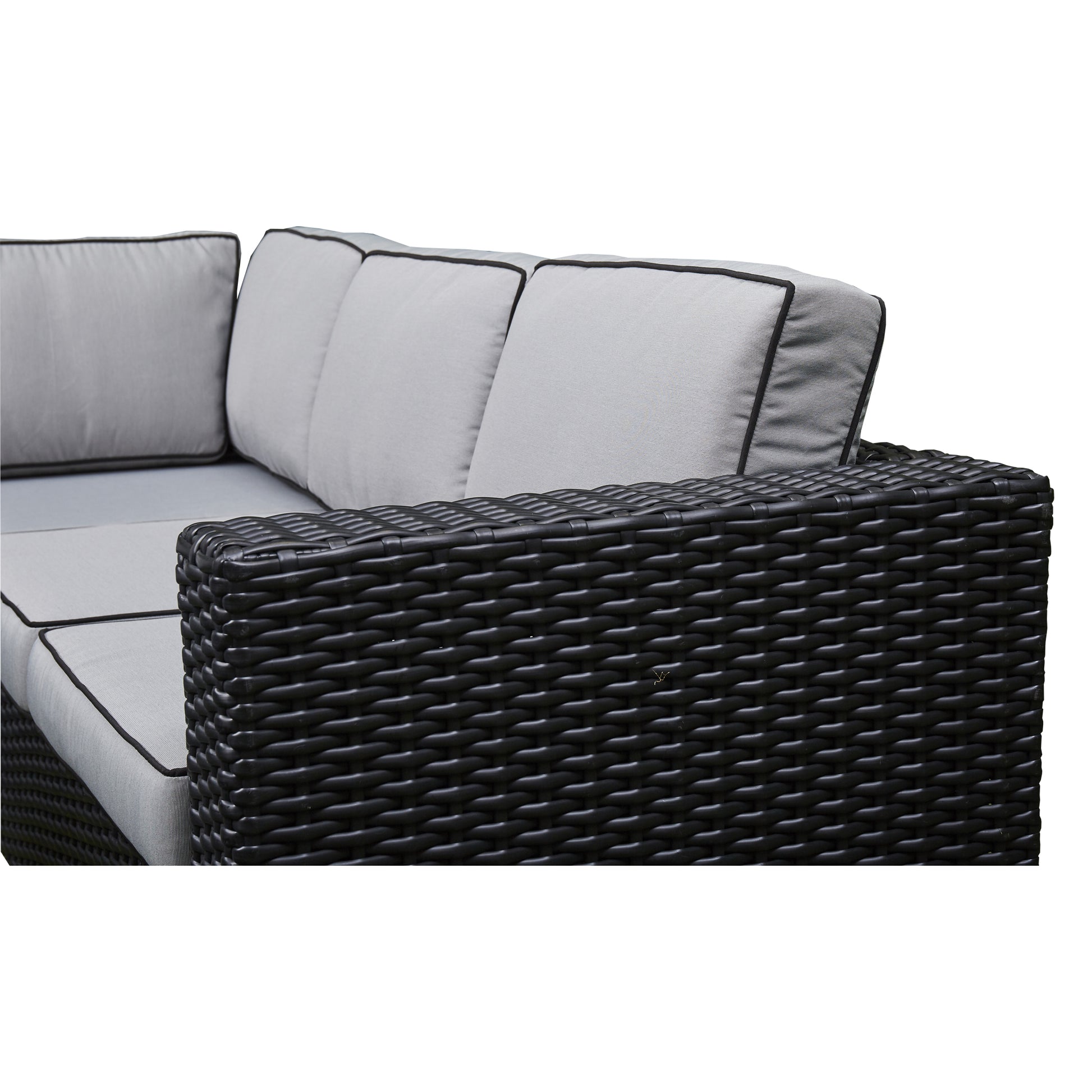 Black Rattan Firepit Corner Sofa Dining Set – Outdoor Garden Furniture with Glass Table and Cushions