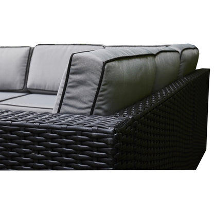 Black Rattan Firepit Corner Sofa Dining Set – Outdoor Garden Furniture with Glass Table and Cushions