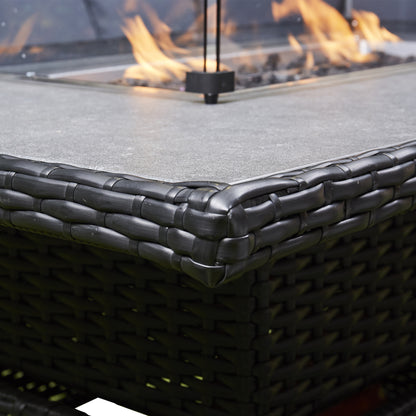 Black Rattan Firepit Corner Sofa Dining Set – Outdoor Garden Furniture with Glass Table and Cushions