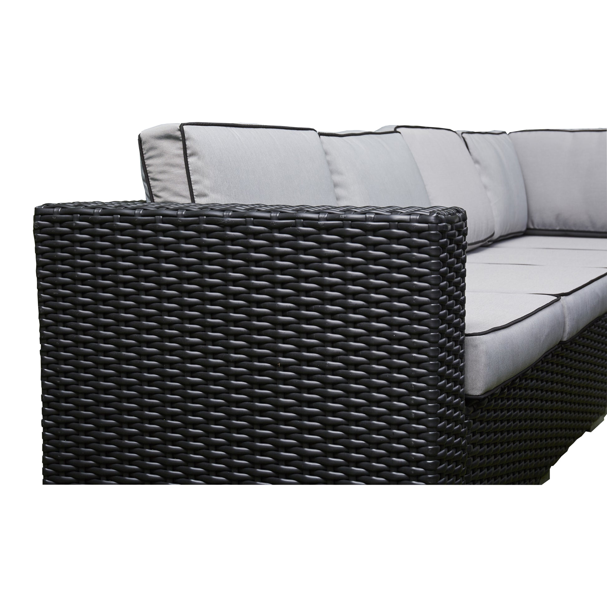 Black Rattan Firepit Corner Sofa Dining Set – Outdoor Garden Furniture with Glass Table and Cushions