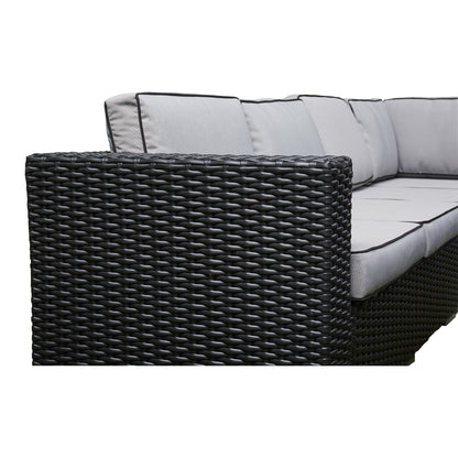 Black Rattan Firepit Corner Sofa Dining Set – Outdoor Garden Furniture with Glass Table and Cushions