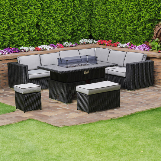 Black Rattan Firepit Corner Sofa Dining Set – Outdoor Garden Furniture with Glass Table and Cushions