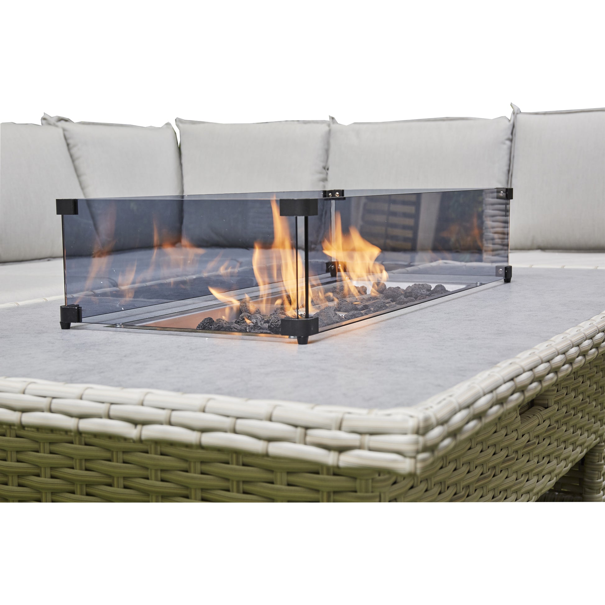 Grey Outdoor Corner Sofa 2 benches/Stools 1 Fire Pit Table