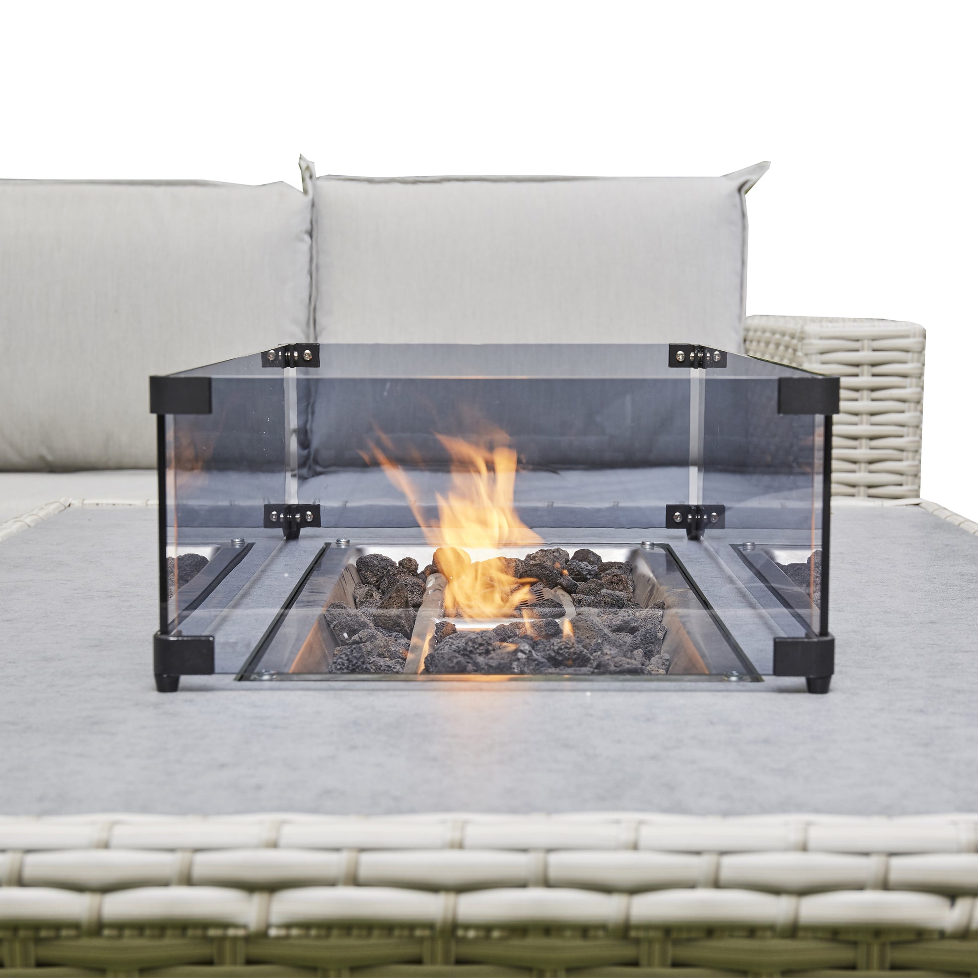 Grey Outdoor Corner Sofa 2 benches/Stools 1 Fire Pit Table