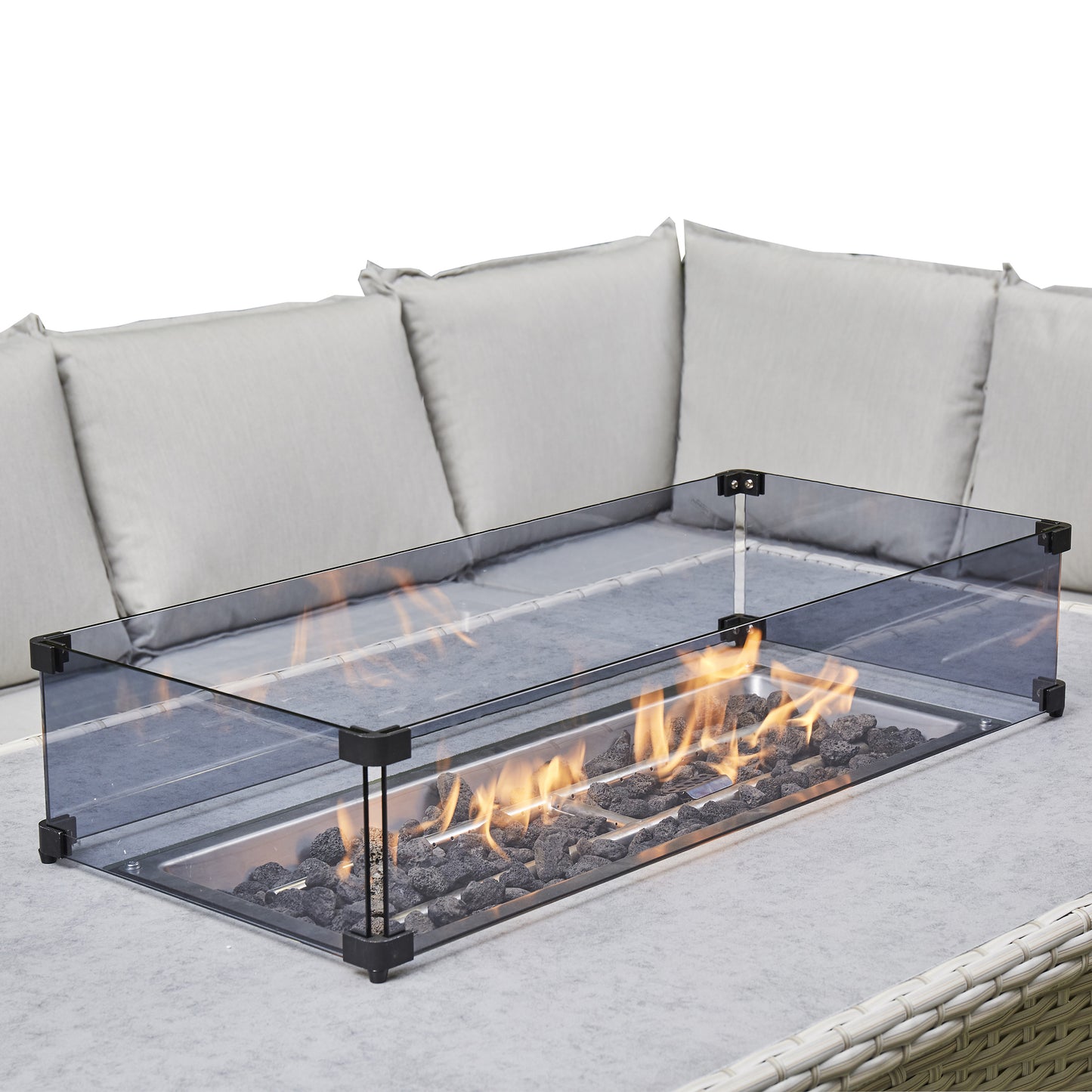 Grey Outdoor Corner Sofa 2 benches/Stools 1 Fire Pit Table