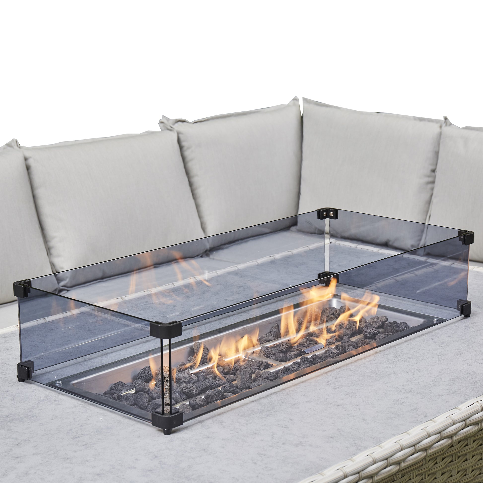Grey Outdoor Corner Sofa 2 benches/Stools 1 Fire Pit Table