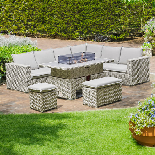 Grey Outdoor Corner Sofa 2 benches/Stools 1 Fire Pit Table