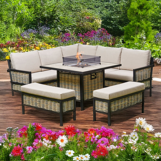 Beige Corner Outdoor Corner Sofa with 2 Benches
