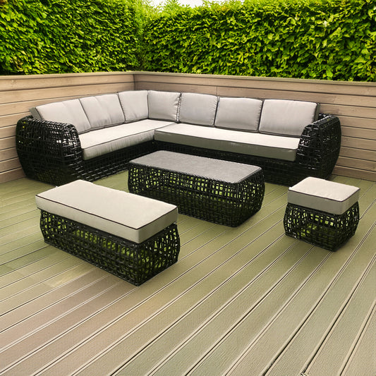 Black Outdoor Corner Sofa with Bench, Stool and Coffee Table
