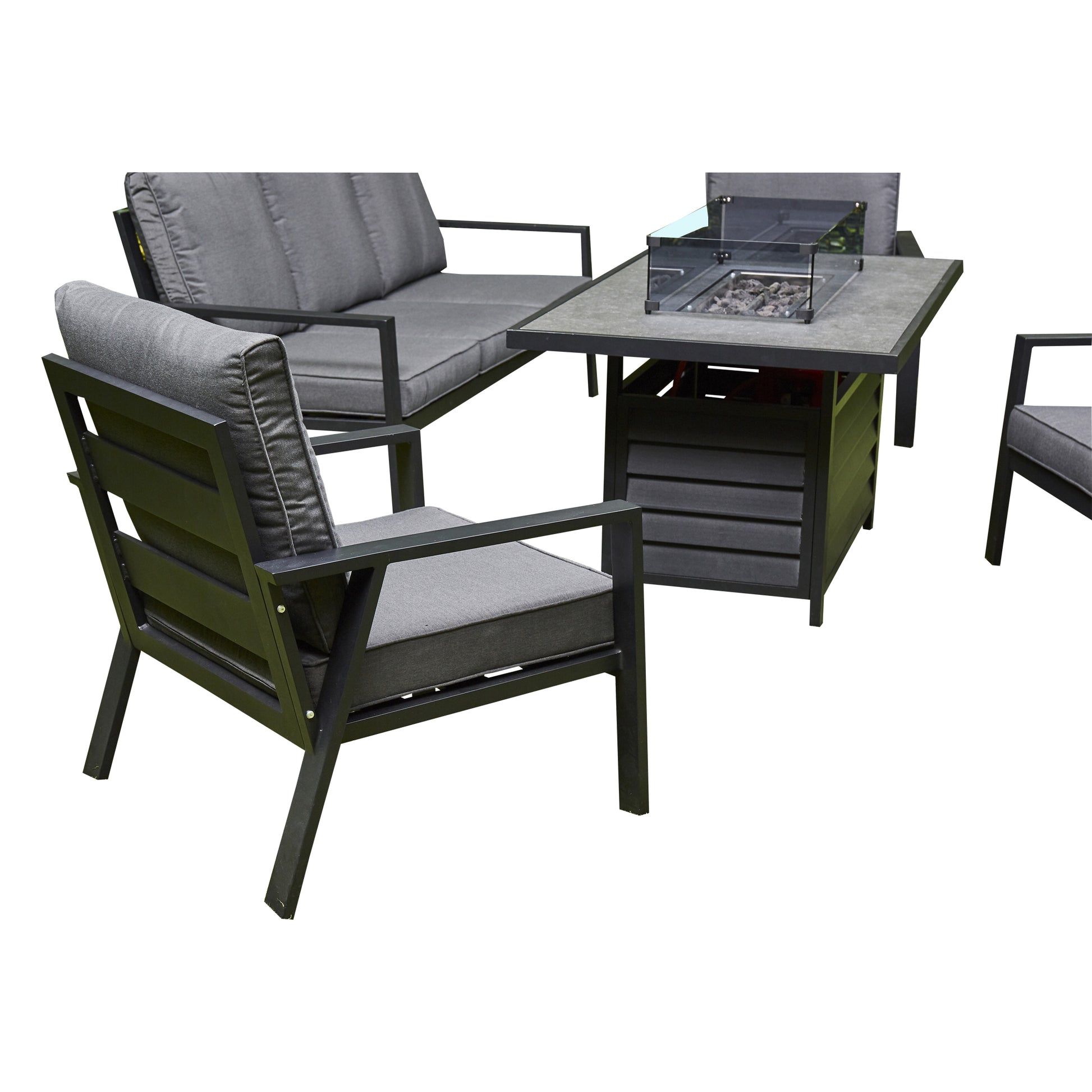 Grey Firepit Dining Set - 3 Seat Sofa, 2 Seat Sofa, 2 Chairs and Firepit Table